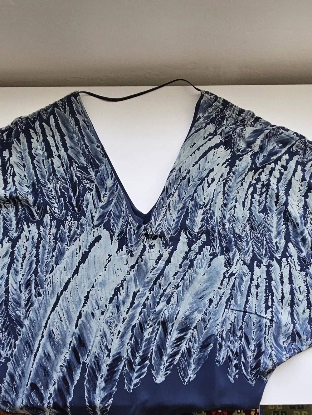 Ramona Larue Silk Blue Colorway Scrunch Shoulder V-Neck Caftan Dress